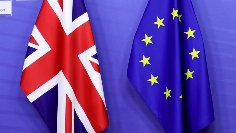 British and EU flags are seen ahead of the meeting of European Commission President Ursula von der Leyen and  Boris Johnson