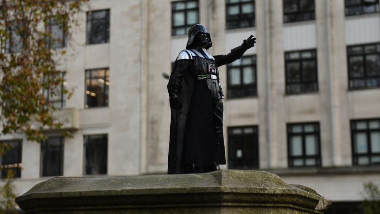 A Darth Vader figurine on the empty Edward Colston plinth in Bristol after it was placed there overnight on Wednesday. Bristol born actor Dave Prowse who played the baddie in the original Star Wars trilogy died on Sunday following a short illness.