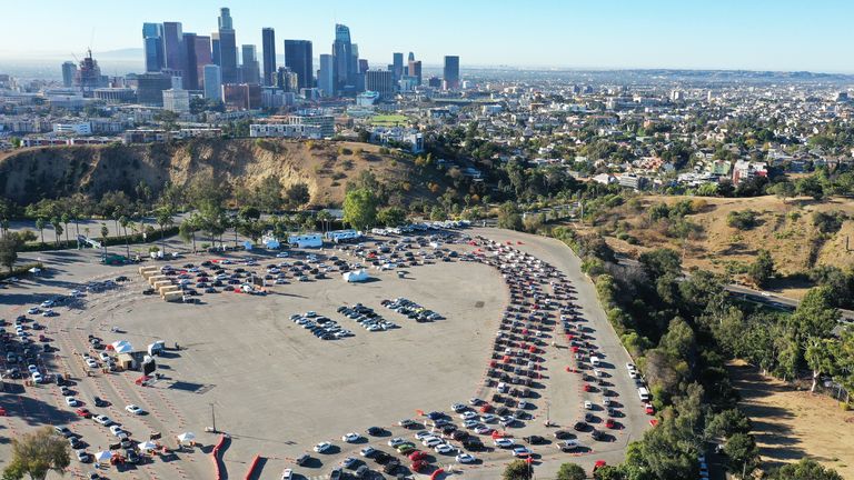 Cars line up at Dodger Stadium for testing last week