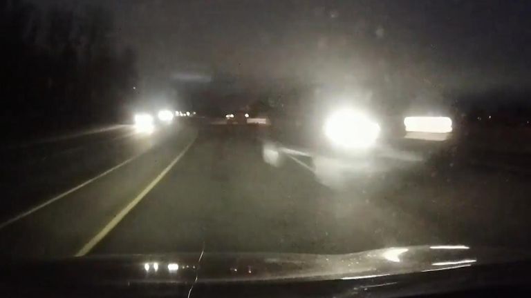 Leia Morris&#39;s camera recorded the headlights of a vehicle suddenly coming straight toward her as she brakes 