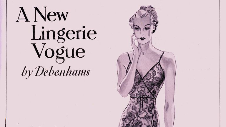 Debenham and Freebody (Debenhams) Lingerie Advertisement in a 1937 magazine. Caption reads &#39;A Cami - knicker in dainty lace, cross-over shape trimmed with narrow edging of satin. Made in our own workrooms, in peach, sky, ivory, black.&#39;