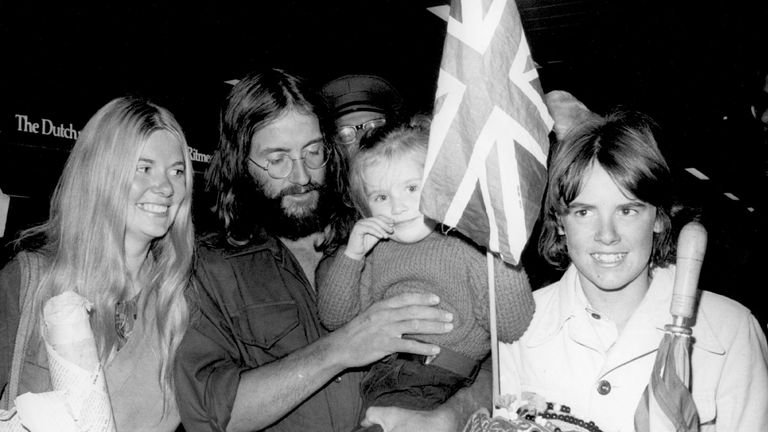 17th October 1975: Doug Scott, a member of the British team which scaled Mount Everest, on his arrival at Heathrow Airport with his family. (Photo by Keystone/Getty Images)
