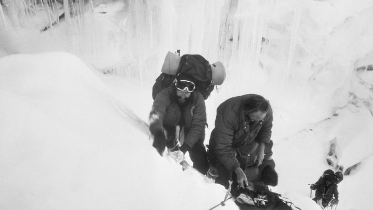 Doug Scott and Hamish MacInnes in an icefall on Mount Everest