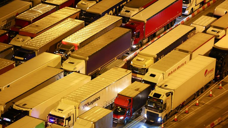 Lorries and other freight vehicles queue on the motorway on the way into the port of Dover on Thursday night
