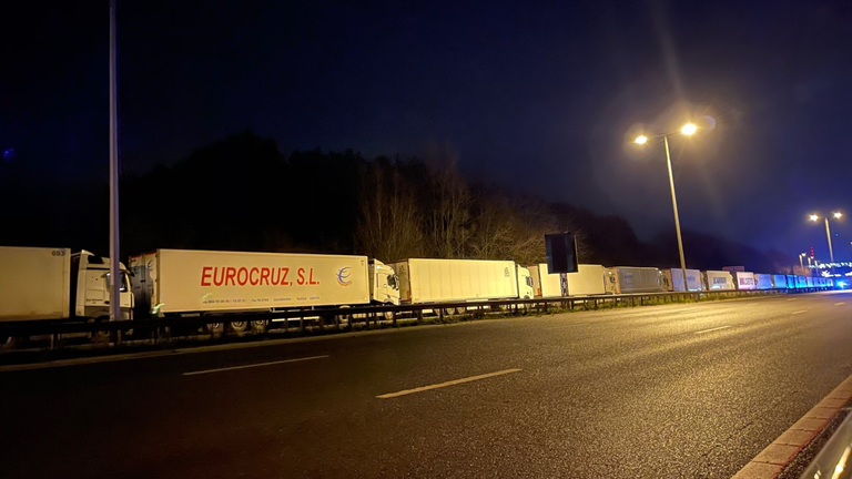 Lorries starting to queue on the M20 between Folkestone and Dover.