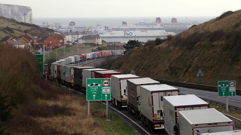 Lorries queue for The Port of Dover along the A20 in Kent ahead of the end of the Brexit transition period (Pic: 18 December)