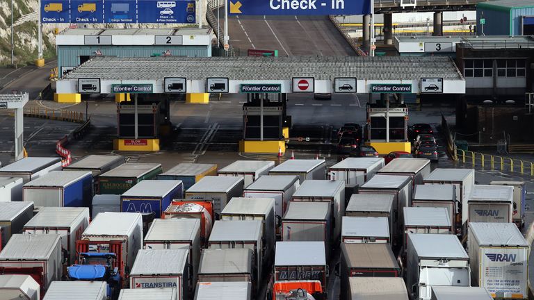 Lorries queue to enter the port of Dover in Kent. Christmas stockpiling and Brexit uncertainty have again caused huge queues of lorries to stack up in Kent. The latest delays came as the UK marked less than two weeks until 2021 and the end of the Brexit transition period