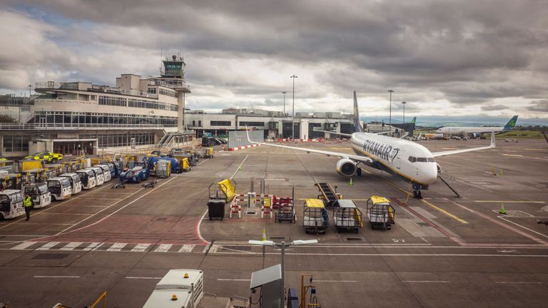 DUBLIN, IRELAND - AUGUST 06: A Ryanair airplane beside a terminal at Dublin Airport on August 06, 2020 in Dublin, Ireland. (Photo by Anthony Devlin/Getty Images)
