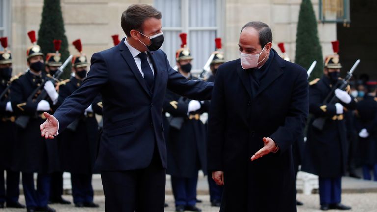 French President Emmanuel Macron receives Egyptian President Abdel Fattah El-Sisi at the Elysee Palace in Paris during his official visit to France.