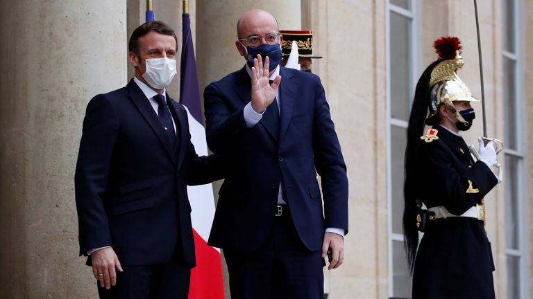 Mr Macron with European Council President Charles Michel on Monday