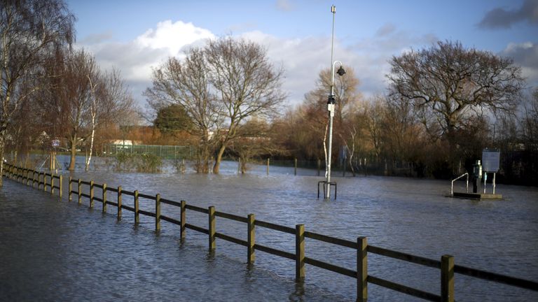 A flooded park in Tewkesbury, Gloucestershire after the River Avon burst its banks