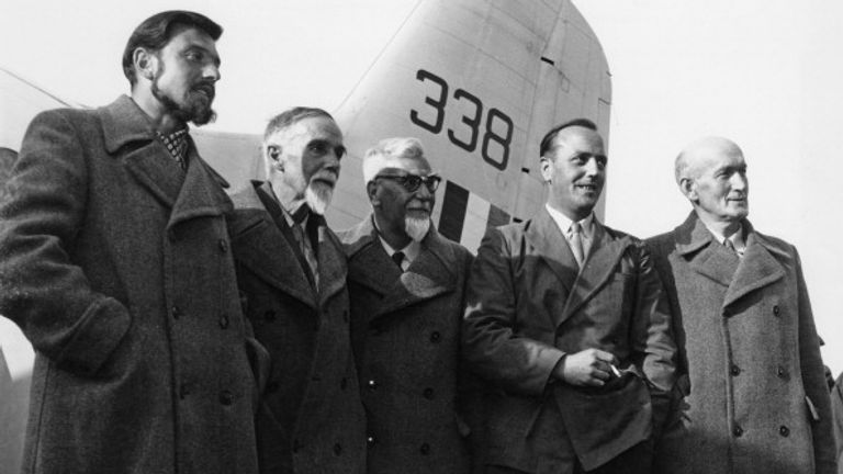 George Blake (left) at Berlin airport en route to Britain after his release from a North Korean prison in 1953