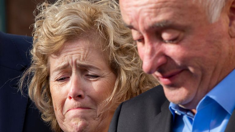 AUCKLAND, NEW ZEALAND - NOVEMBER 22: The parents of Grace Millane, David and Gillian Millane speak to media outside Auckland High Court on November 22, 2019 in Auckland, New Zealand. A 27 year old man has been found guilty of the murder of British backpacker Grace Millane.  (Photo by Dave Rowland/Getty Images)