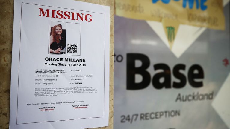 AUCKLAND, NEW ZEALAND - DECEMBER 07: A poster for missing British girl Grace Millane is displayed outside the Base backpackers where Grace had been staying on December 07, 2018 in Auckland, New Zealand. 