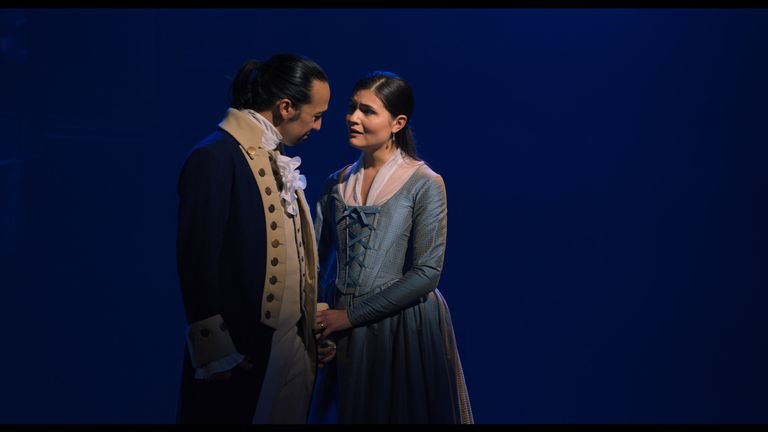 Lin-Manuel Miranda is Alexander Hamilton and Phillipa Soo is Eliza Hamilton in HAMILTON, the filmed version of the original Broadway production. Pic: Disney +