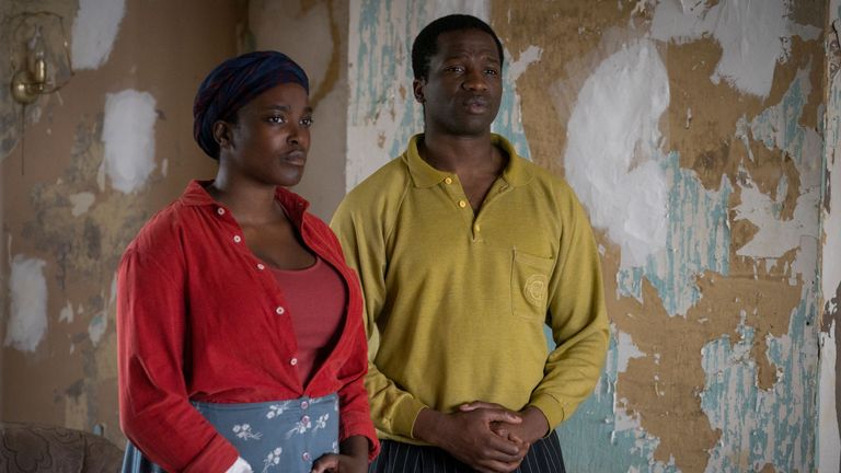 His House: Wunmi Mosaku as Rial Majur, Sope Dirisu as Bol Majur. Pic: Aidan Monaghan/ Netflix
