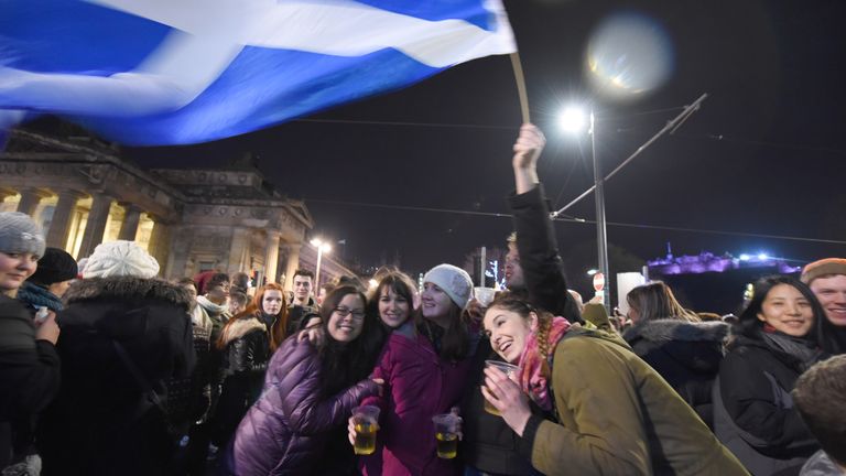 People gathered for the annual Hogmanay Street Party in Edinburgh, Scotland, UK on December 31, 2014. Hogmanay is the Scots word for the last day of the year, synonymous with the celebration of the New Year in the Scottish manner. Photo by Guy Durand/ABACAPRESS.COM