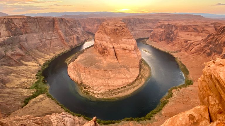 View of the Horseshoe Bend, a shaped incised meander of the Colorado River, located in the town of Page, Arizon