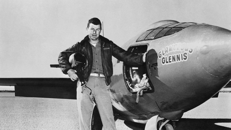 Captain Charles Yaeger besides Bell X-1 after first powered take off of supersonic plane.