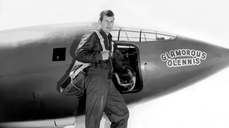 Captain Charles E Yeager standing next to the Air Force&#39;s Bell X-1 supersonic research aircraft, Muroc Army Air Force Base, California, October 1947. Yeager named it the Glamorous Glennis after his wife. He became the first man to fly faster than the speed of sound on October 14, 1947. (Photo by Underwood Archives/Getty Images)
