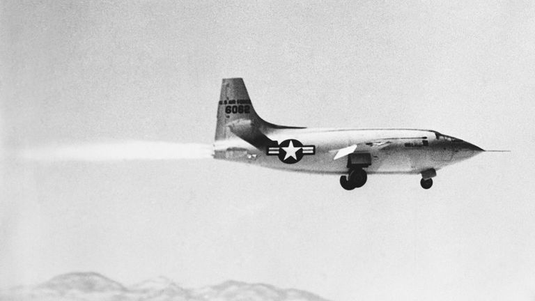 1/11/1949-Murac Lace, CA: The Bell X-1 on on first powered take off of the Supersonic plane. Picture taken shortly after take off. All four cylinders of rocket engine are in operation.