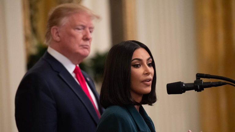 Kim Kardashian speaks alongside Donald Trump during a criminal justice reform event in 2019