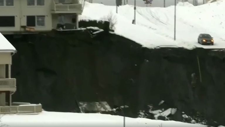 Huge landslide swallows buildings in Norway