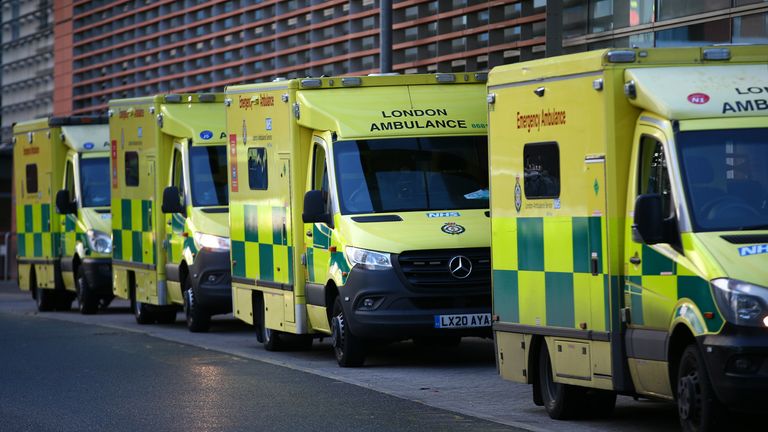 LONDON, ENGLAND - DECEMBER 27: Ambulances parked outside The Royal London Hospital on December 27, 2020 in London, England. The hospital recently opened a new critical care unit, increasing the trust&#39;s capacity to treat critical COVID-19 patients, while minimising impact on non-covid clinical services. (Photo by Hollie Adams/Getty Images)