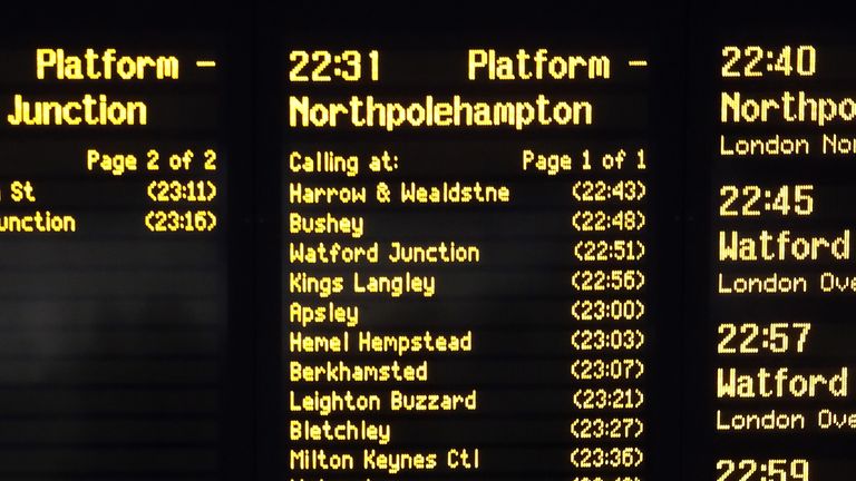 The departure board at London Euston Station which reads 'Northpolehampton', as the Duke and Duchess of Cambridge leave London ahead of their tour across the UK.