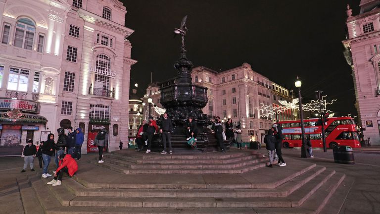 The statue of Eros in Piccadilly Circus in London, as London&#39;s New Year&#39;s Eve fireworks display has been cancelled 