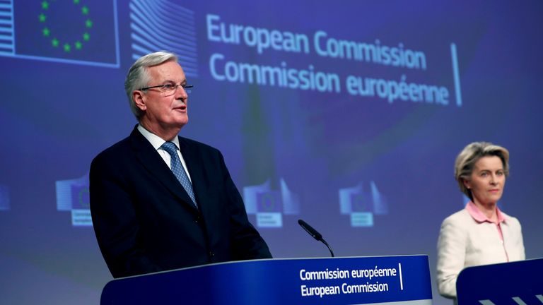 Michel Barnier and and Ursula von der Leyen are seen speaking at the European Commission