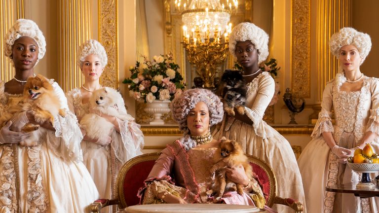 Bridgerton presents Queen Charlotte as England&#39;s first mixed race queen, played by Golda Rosheuvel. Pic: Netflix