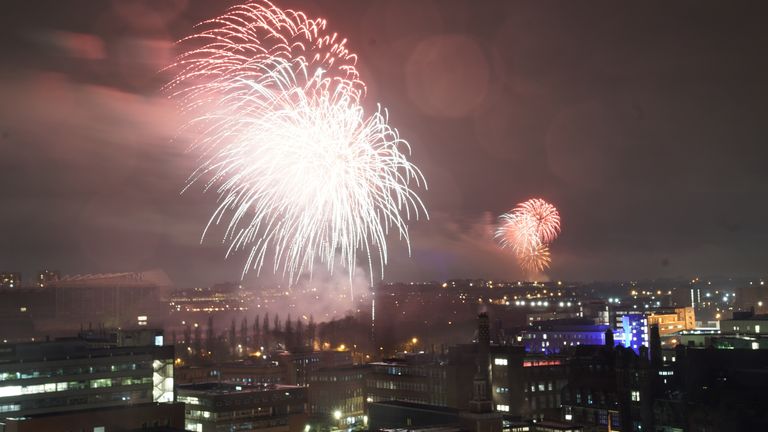 Fireworks are set off over St James&#39; Park in Newcastle