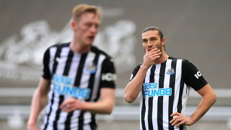 NEWCASTLE UPON TYNE, ENGLAND - NOVEMBER 21: Andy Carroll of Newcastle United reacts during the Premier League match between Newcastle United and Chelsea at St. James Park on November 21, 2020 in Newcastle upon Tyne, England. Sporting stadiums around the UK remain under strict restrictions due to the Coronavirus Pandemic as Government social distancing laws prohibit fans inside venues resulting in games being played behind closed doors. (Photo by Lindsey Parnaby - Pool/Getty Images)
