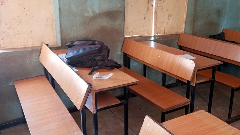 A school bag is pictured inside the Government Science Secondary School after it was attacked by armed bandits