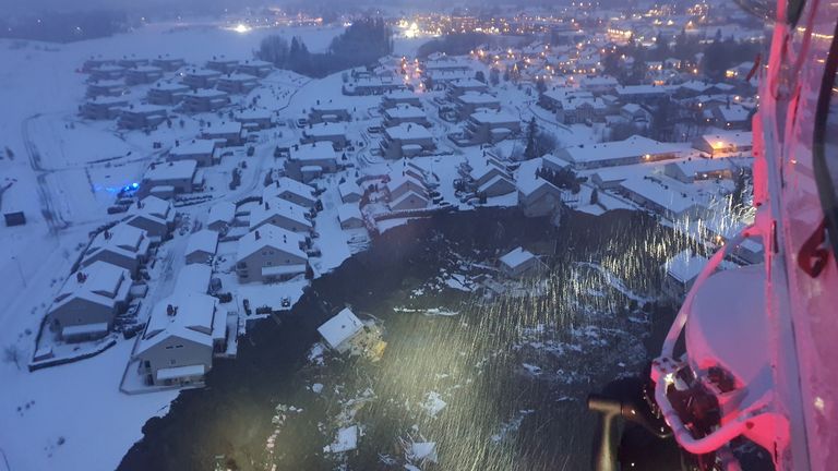 A rescue helicopter view shows the aftermath of a landslide at a residential area in Ask village, about 40km north of Oslo, Norway December 30, 2020. According to police several people went missing. Norwegian Rescue Service/NTB/via REUTERS ATTENTION EDITORS - THIS IMAGE WAS PROVIDED BY A THIRD PARTY. NORWAY OUT. TPX IMAGES OF THE DAY