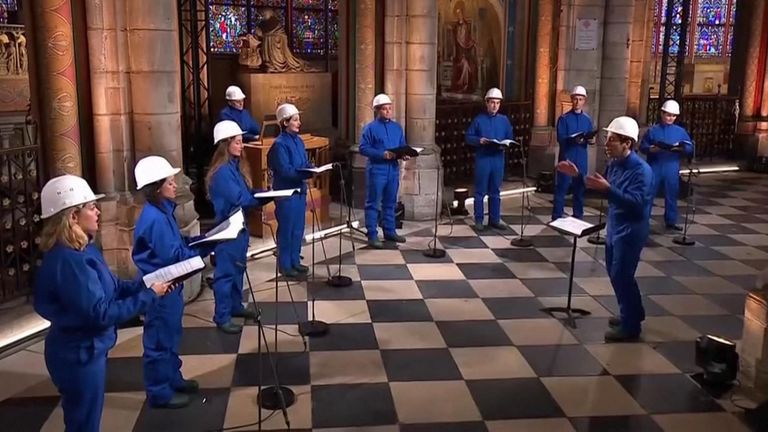 The Notre Dame choir sand in the cathedral for the first time since the fire Pic: FRANCE TÉLÉVISIONS 