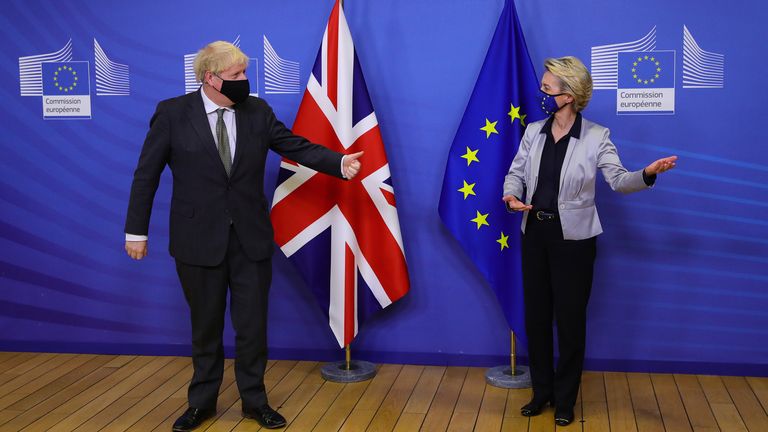 The PM is greeted by EC chief Ursula von der Leyen in Brussels