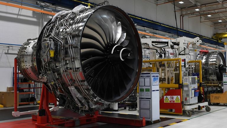 Rolls Royce Trent XWB engines on view on the assembly line at the factory in Derby