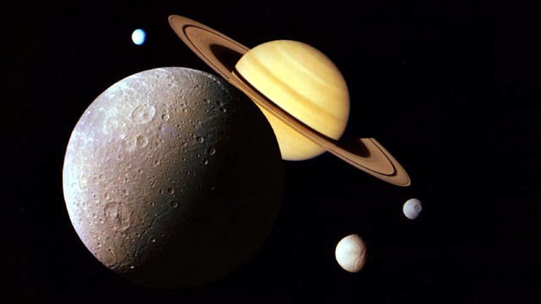 An image montage of the Saturnian system taken by the Voyager probe spacecraft