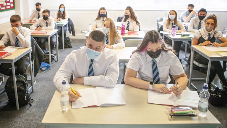 High school stuS5 and S6 pupils at St Columba&#39;s High School in Gourock, Inverclyde, wear protective face masks during their history lesson.
Read less
Picture by: Jane Barlow/PA Wire/PA Images
Date taken: 04-Nov-2020
Image size: 4251 x 2821dents