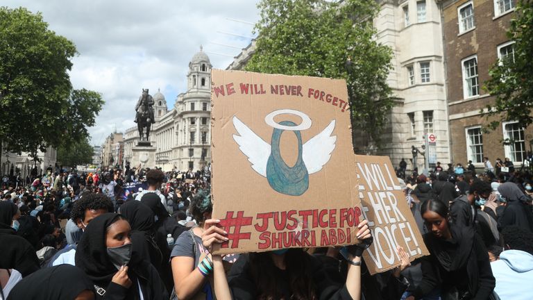 Protesters during a for Justice for Shukri Abdi, in Whitehall, London on 27 June 2020, a year after she died in a drowning