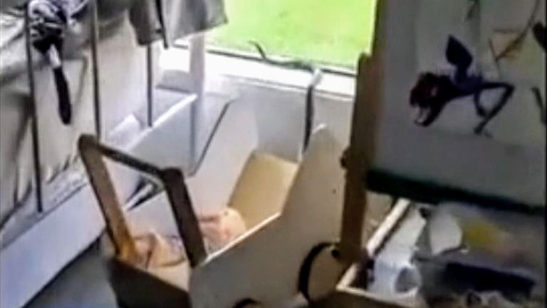 Footage shows the brown snake slithering around toys and furniture, including strollers and a bed.