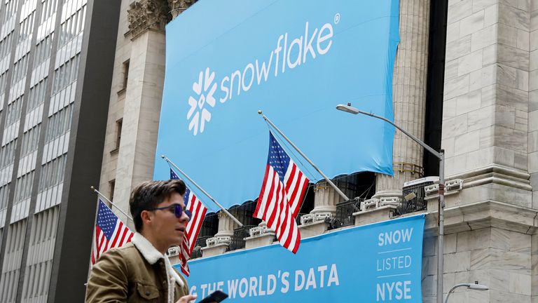 A banner for Snowflake Inc. is displayed celebrating the company&#39;s IPO at the New York Stock Exchange (NYSE) in New York, U.S., September 16, 2020