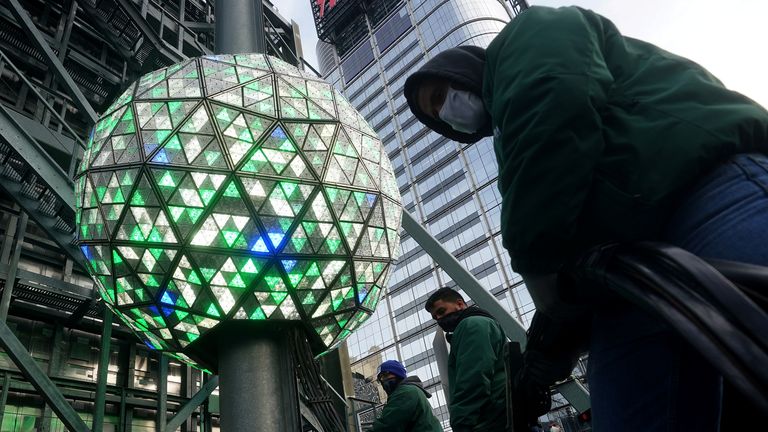 The Times Square ball is tested out for the media ahead of the New Year&#39;s celebration in Times Square
The Times Square ball is tested out for the media ahead of the New Year&#39;s celebration in Times Square amid the coronavirus disease (COVID-19) pandemic in the Manhattan borough of New York City, New York, U.S., December 30, 2020. REUTERS/Carlo Allegri