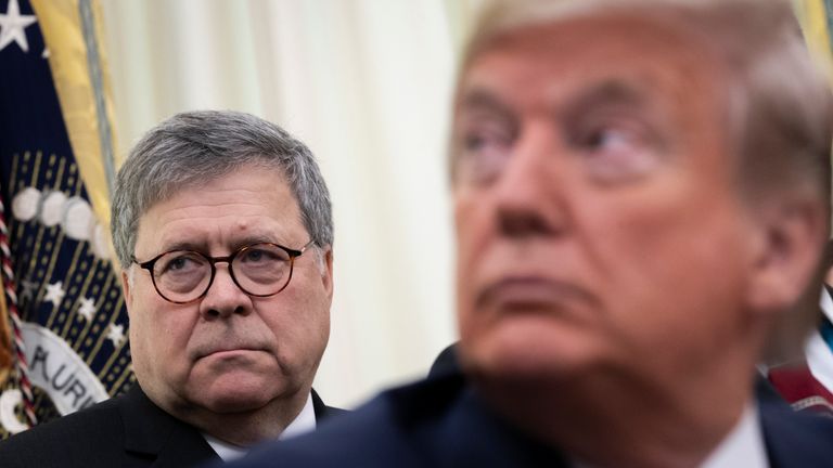 WASHINGTON, DC - NOVEMBER 26: (L-R) U.S. Attorney General William Barr and U.S. President Donald Trump attend a signing ceremony for an executive order establishing the Task Force on Missing and Murdered American Indians and Alaska Natives, in the Oval Office of the White House on November 26, 2019 in Washington, DC. Attorney General Barr recently announced the initiative on a trip to Montana where he met with Confederated Salish Kootenai Tribe leaders. (Photo by Drew Angerer/Getty Images)
