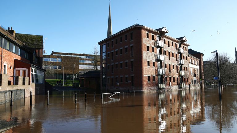 Flooded pedestrian areas in Worcester on Sunday
