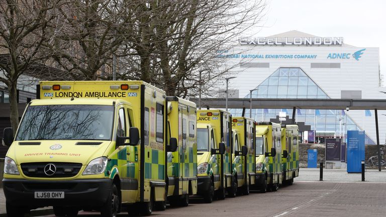 Ambulances parked outside the ExCeL in east London which is the site of one of a number of Nightingale hospitals prepared last year at the start of the coronavirus pandemic and which the NHS says is being reactivated and made ready to admit patients as hospitals in the capital struggle as Covid patients numbers rise.
