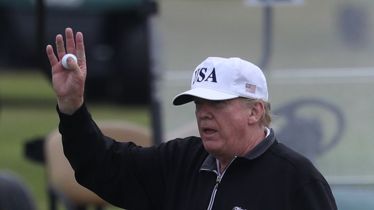 US President Donald Trump on his golf course at the Trump Turnberry resort in South Ayrshire, where he and his wife Melania, spent the weekend as part of their visit to the UK before leaving for Finland where he will meet Russian leader Vladimir Putin for talks on Monday.