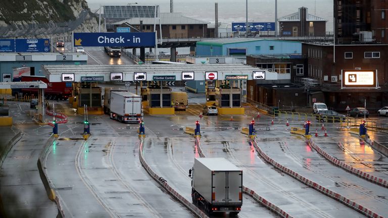 A lorry arrives at the Port of Dover in Kent on the first fully operational day at the port under post-Brexit regulations.